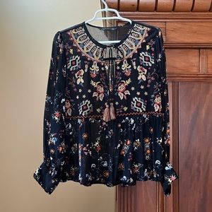 Zara Women’s Blouse in Black with Multicolored Print and Tassels